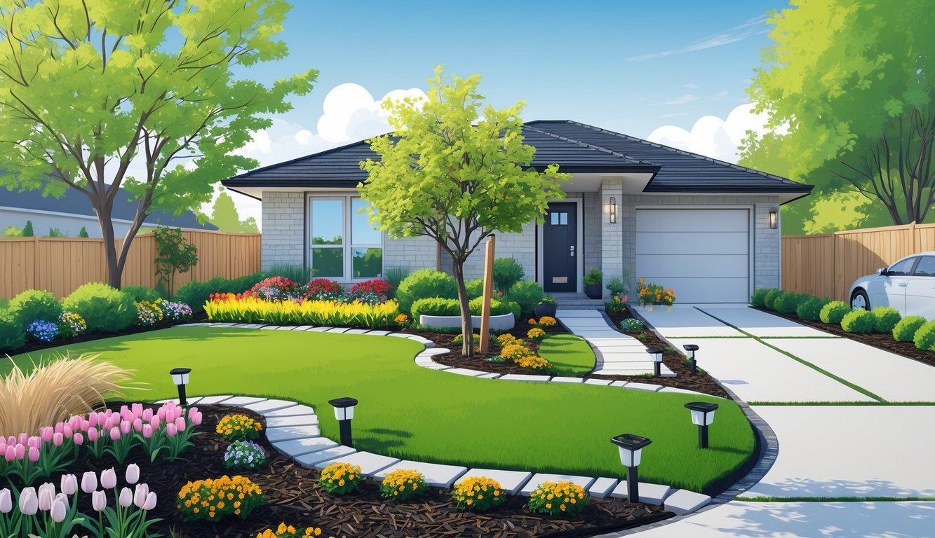 A suburban front yard with a green lawn, colorful flower beds, a stone walkway with garden lights, a young tree, shrubs, and a wooden fence surrounding a house.