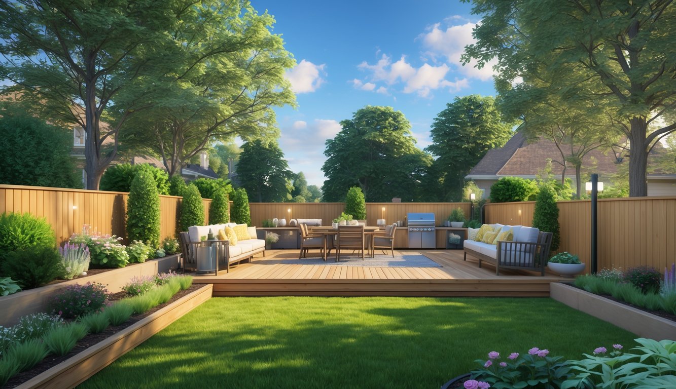 A backyard with a wooden deck, outdoor seating, dining table, green lawn, flower beds, shrubs, trees, and a built-in barbecue grill.