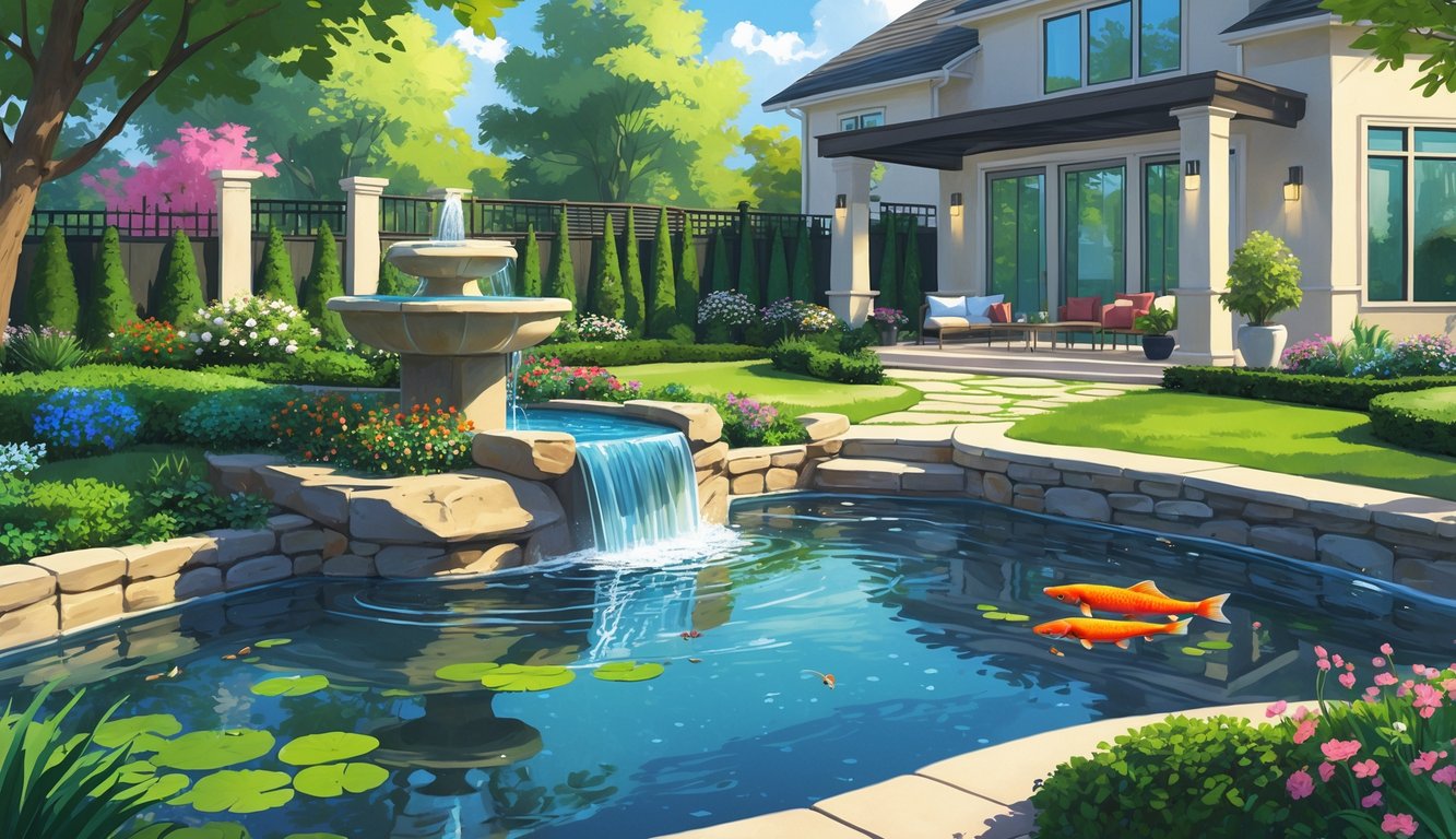 A backyard with a stone fountain, a small waterfall flowing into a koi pond, surrounded by plants, shrubs, and a modern house in the background.