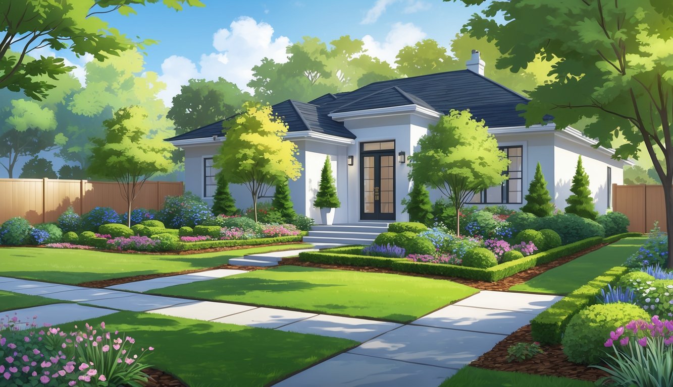 A front yard with a green lawn, stone pathway, flowering plants, shrubs, and a modern house in the background.