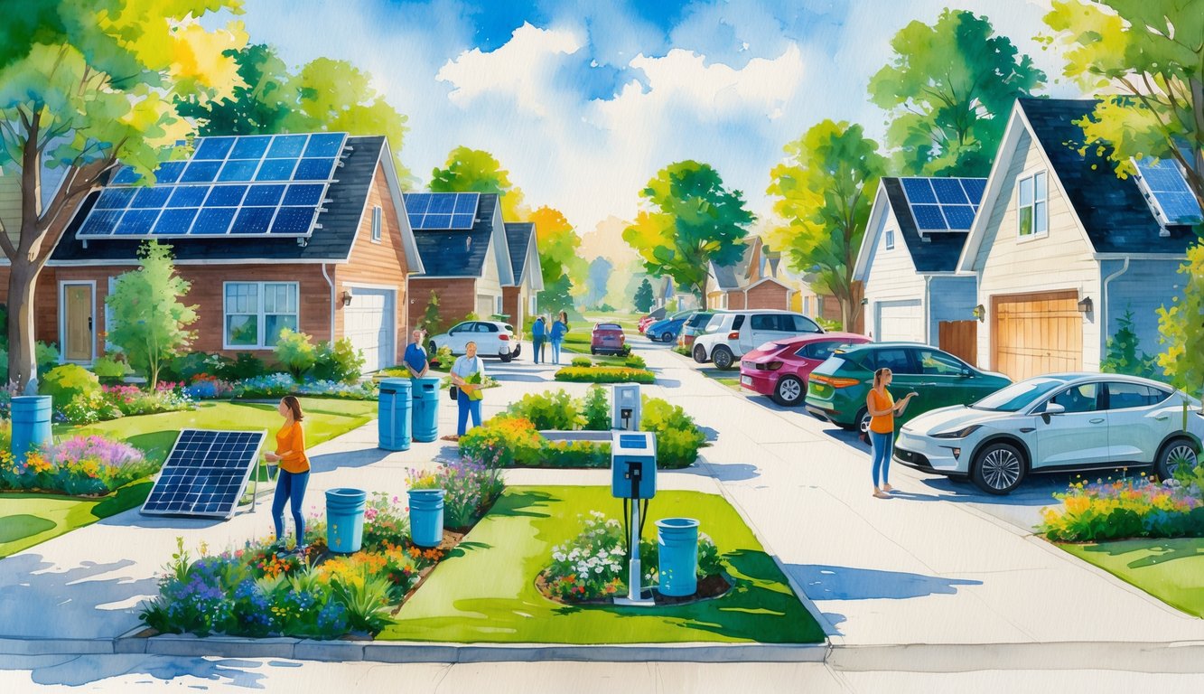 A neighborhood with people installing solar panels, rainwater barrels, and electric vehicle chargers around houses surrounded by trees and gardens.