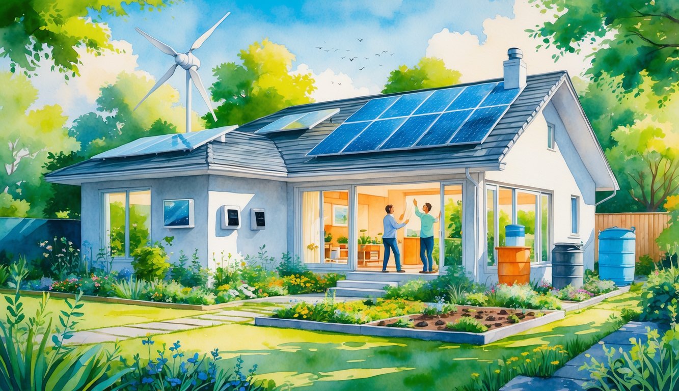 A modern house with solar panels, a wind turbine, and a garden with native plants and vegetables, with a family installing energy-efficient upgrades.