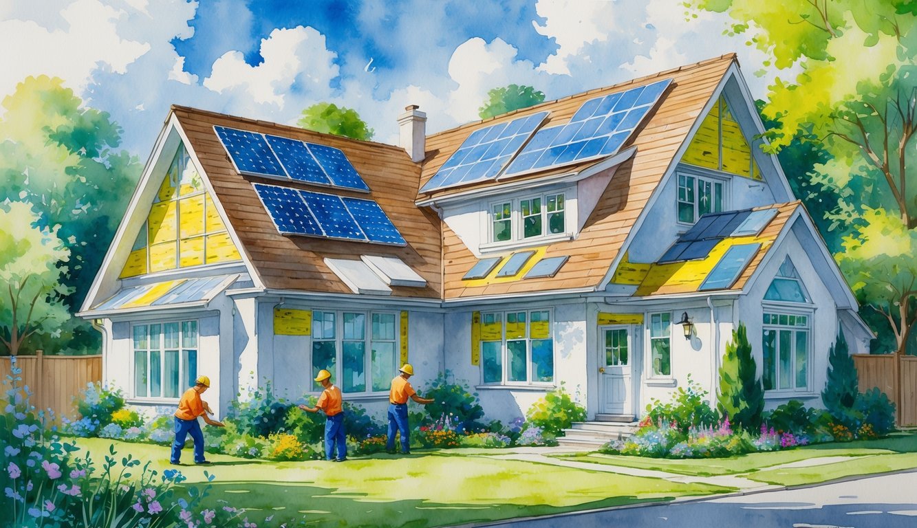 A suburban house with workers installing insulation and weatherproofing materials, surrounded by trees and a garden.