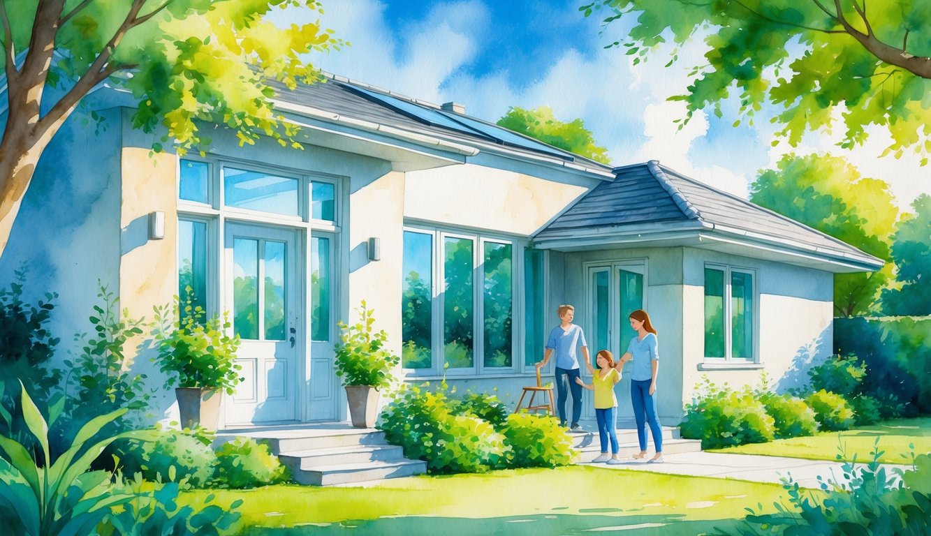 A suburban house with new doors and windows surrounded by green plants and a family installing eco-friendly upgrades outside.