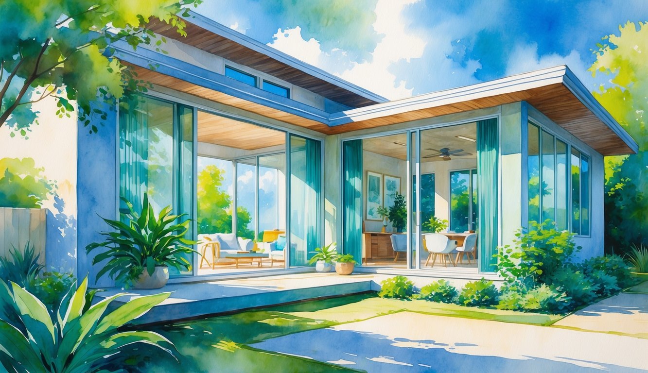 A modern house with large windows showing sunlight coming inside, surrounded by green plants and a bright summer day outside.