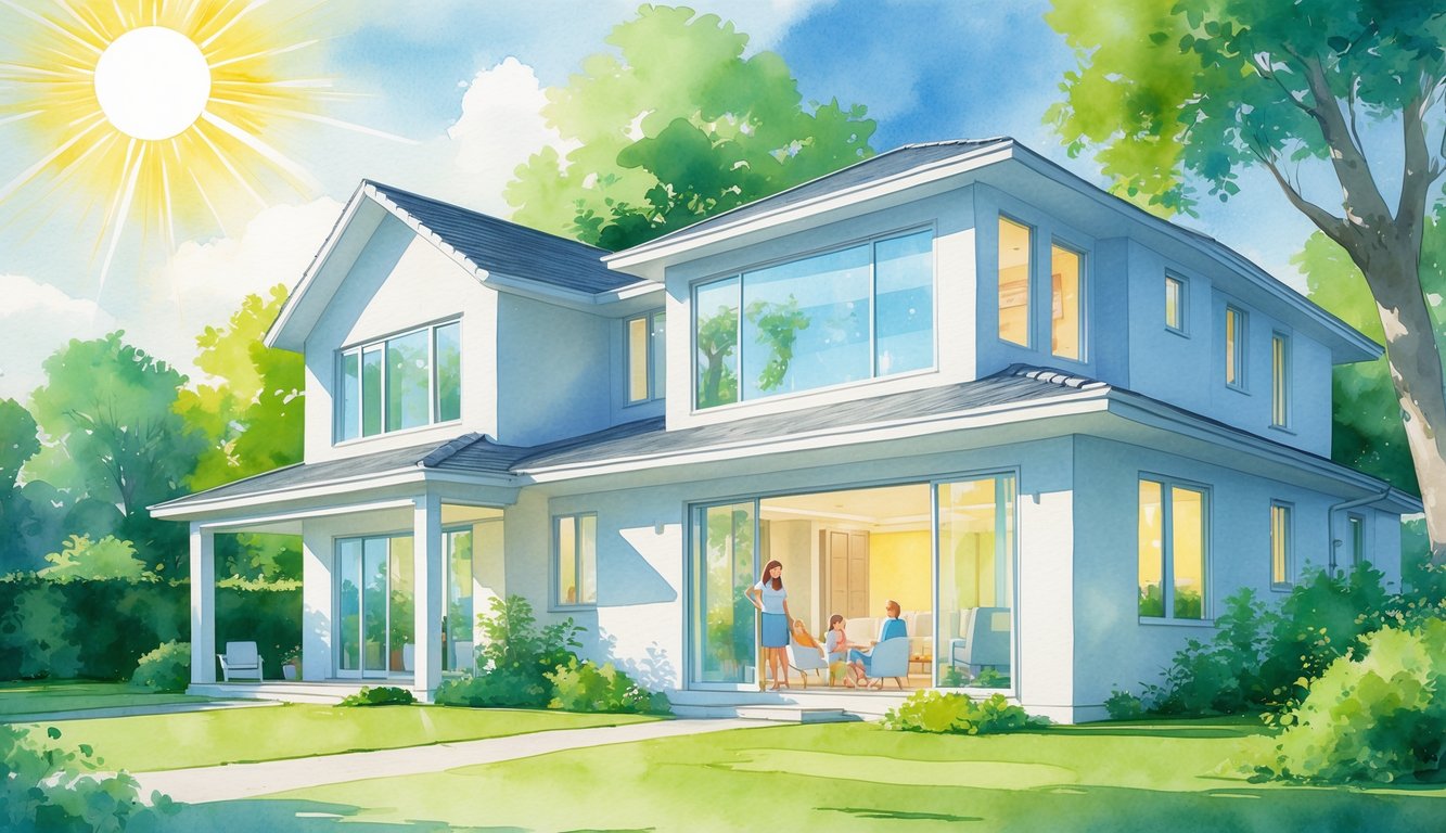 A suburban house with large windows surrounded by trees and a garden on a sunny summer day.