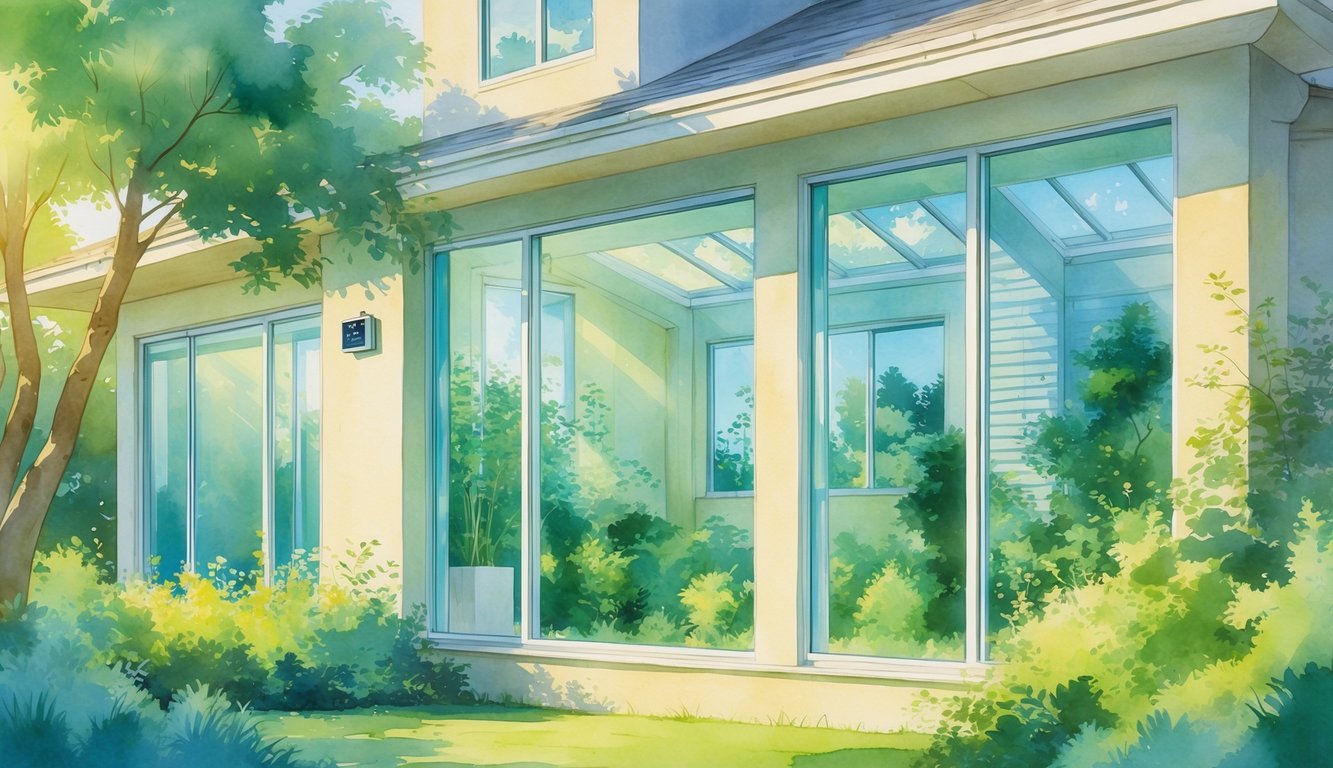 A peaceful home with large windows surrounded by green plants and trees on a sunny summer day.
