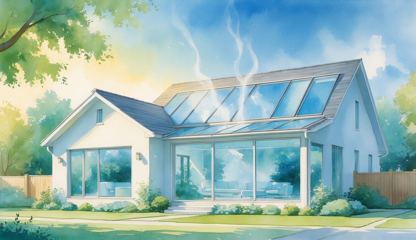 A suburban house with large windows showing cool air flowing inside, surrounded by green trees and a sunny summer sky.