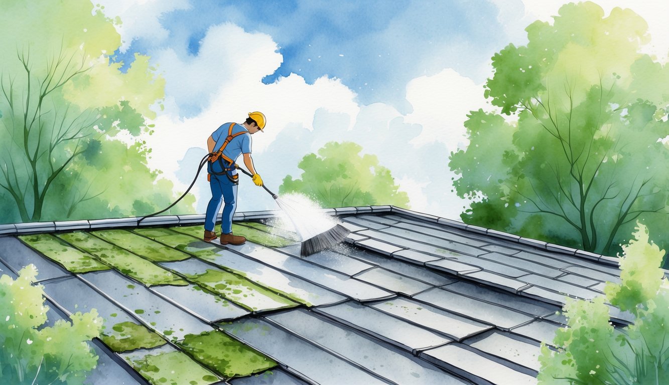 A person cleaning a roof covered with moss and dirt, surrounded by trees and a clear sky.