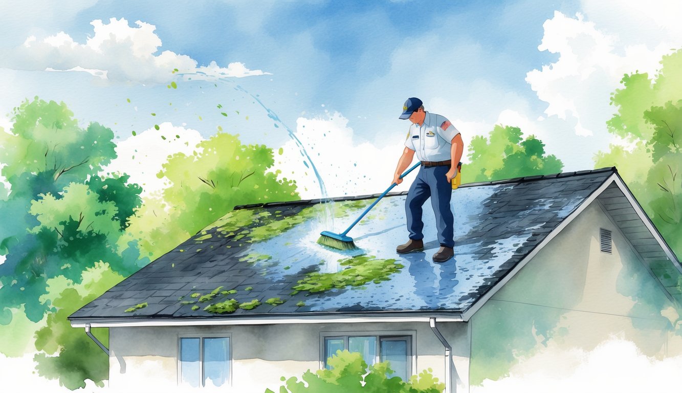 A professional cleaner wearing a veteran-style cap cleans a suburban house roof surrounded by trees under a clear sky.