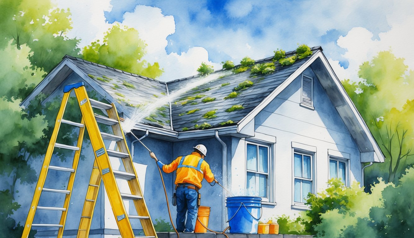 A person cleaning a house roof using a brush and water spray with cleaning tools nearby and trees in the background.