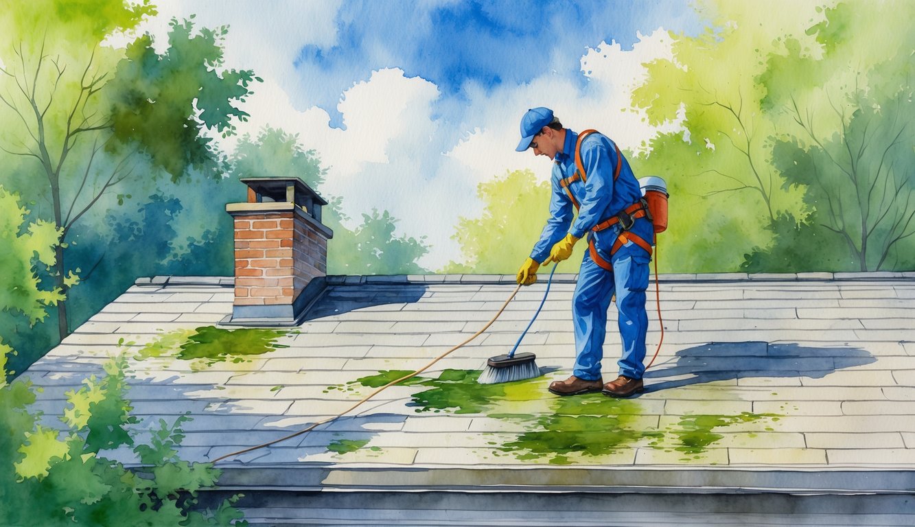 A person cleaning moss and dirt from a residential rooftop surrounded by trees and clear sky.