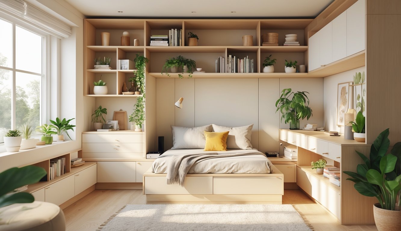 A small living space transformed by custom built-in storage units, including shelves, drawers, and cabinets, making the area organized and spacious.
