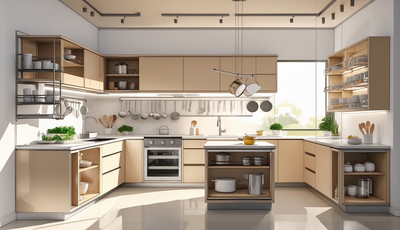 A modern kitchen with custom storage solutions including pull-out shelves, hidden compartments, and hanging racks, efficiently organizing a small space.