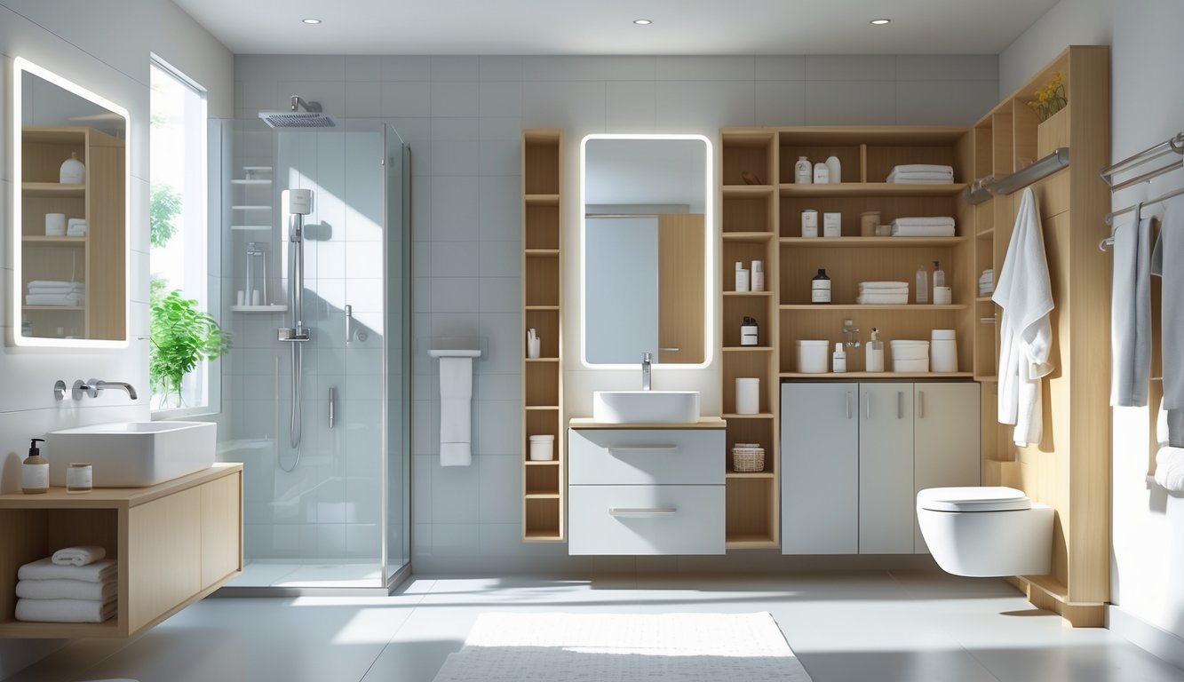 A small bathroom with built-in shelves, under-sink organizers, wall-mounted cabinets, and vertical storage units maximizing space.