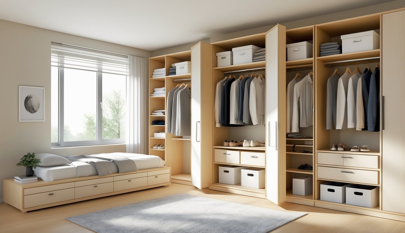 A small bedroom with a built-in closet featuring shelves, drawers, and hanging clothes, showing an organized and optimized use of space.