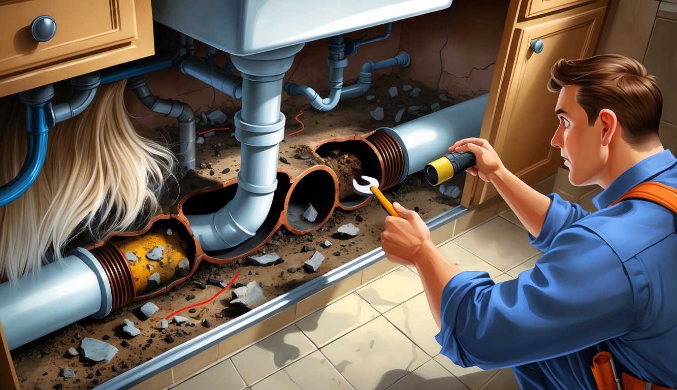 A plumber inspects a clogged drain pipe showing rust and cracks inside a bathroom sink plumbing system.