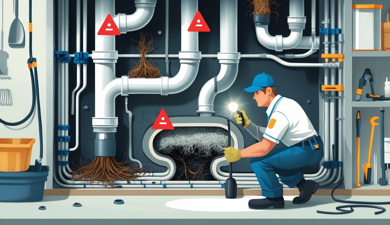 A plumber inspecting clogged pipes with visible blockages and red warning flags inside a utility room.