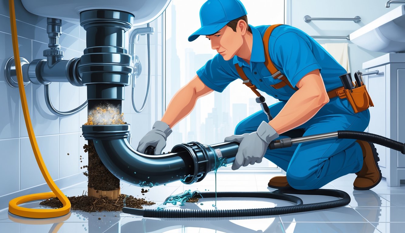 A plumber working on a clogged drain pipe inside a bathroom, showing buildup and damage inside the pipe.