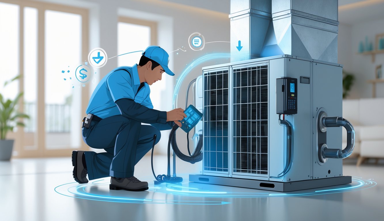 A technician inspecting an HVAC system inside a building with icons symbolizing energy savings and reduced utility costs.
