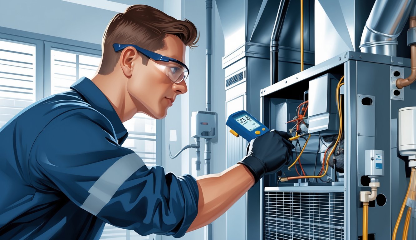 A technician inspecting various HVAC components including ducts, filters, and thermostat controls inside a building.