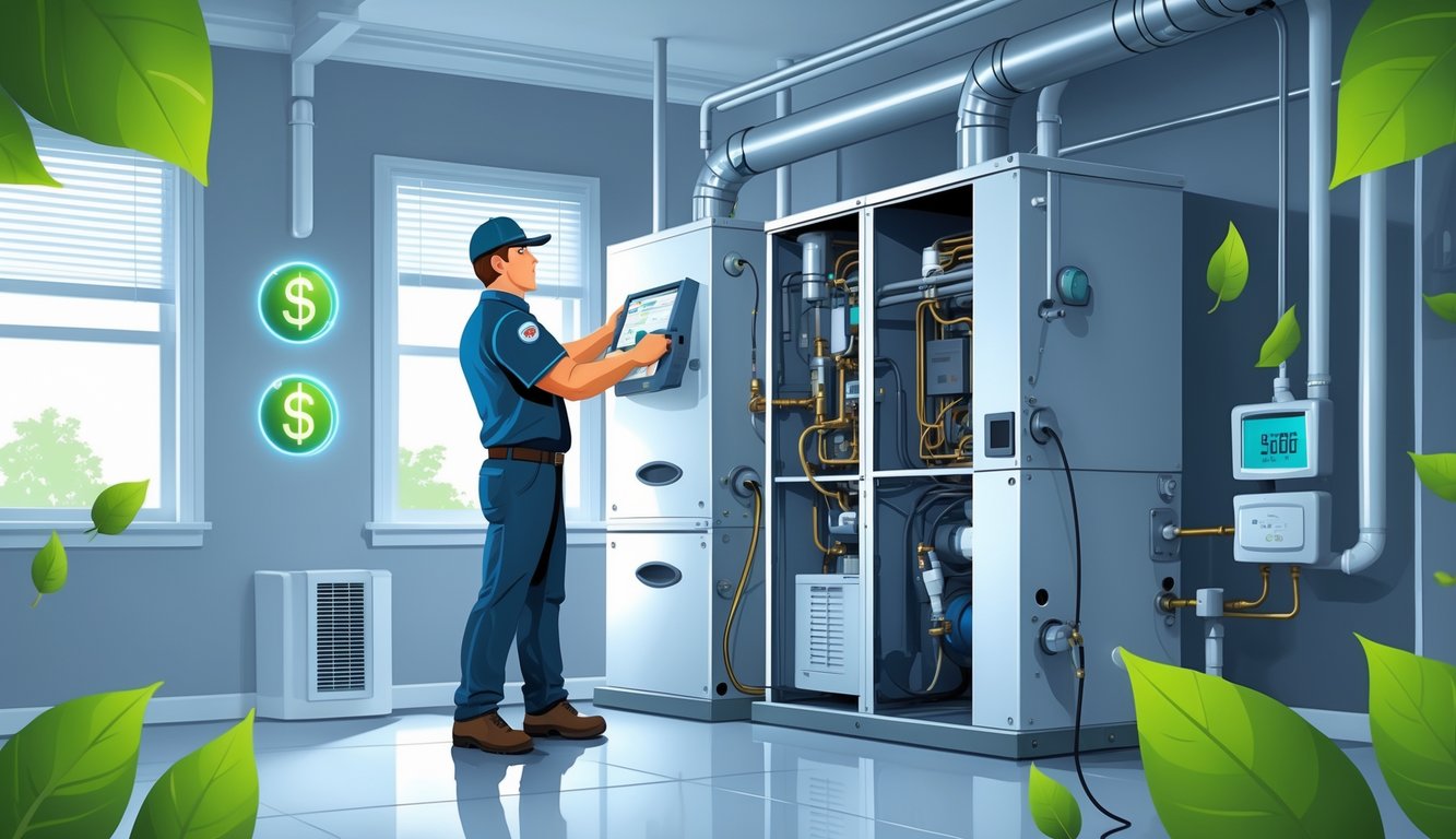 An HVAC technician inspecting a heating and cooling system inside a home utility room with tools, surrounded by symbols representing energy savings and maintenance.