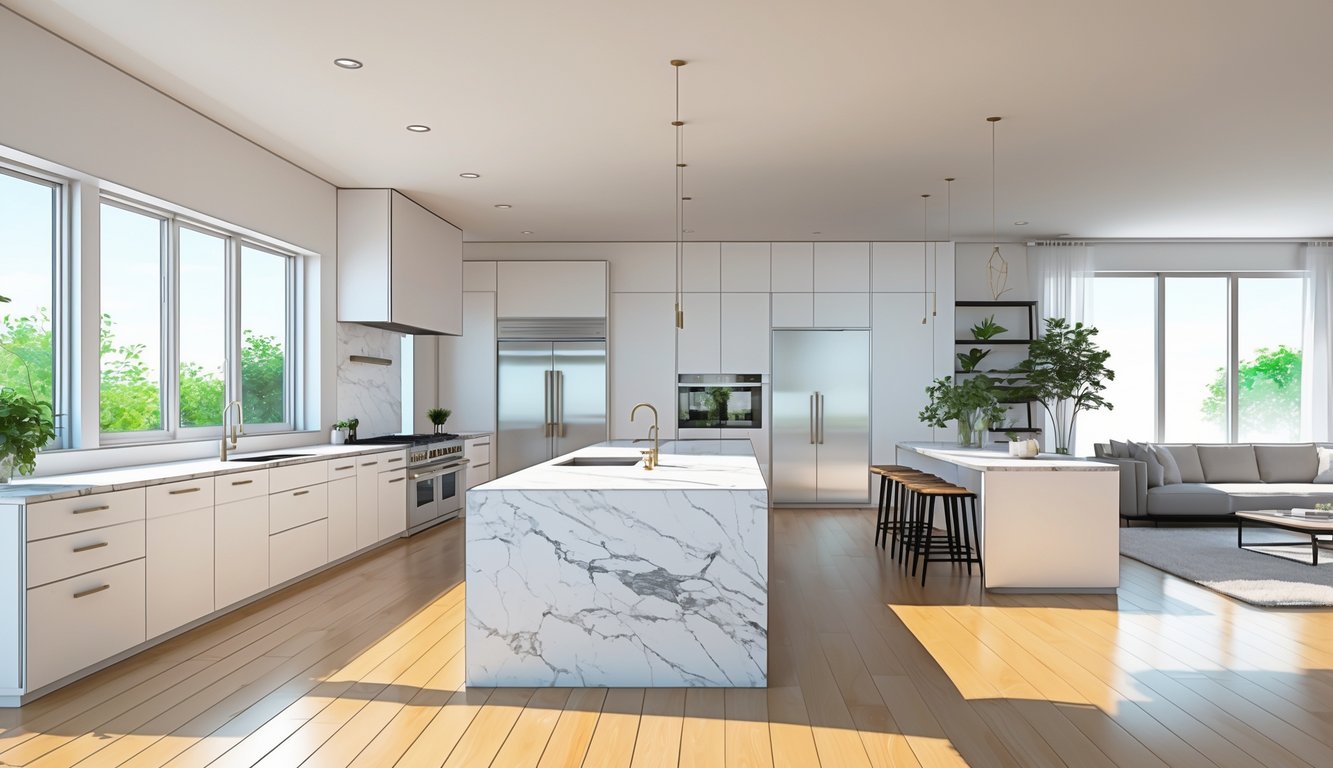 An open kitchen connected to a living room with a large island, sofa, and natural light filling the space.