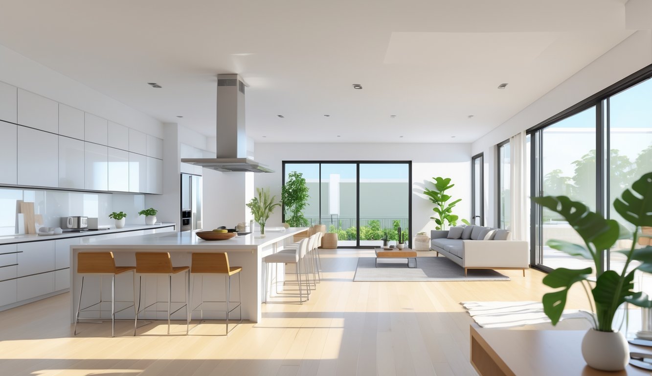 A bright open kitchen connected to a living room with a kitchen island, sofa, and large windows letting in natural light.