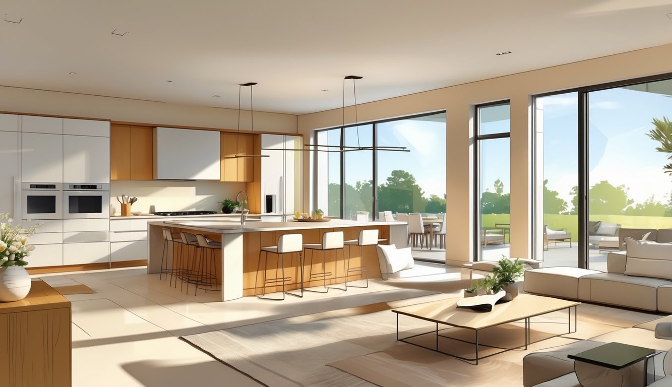 A bright open kitchen and living room with a large island, comfortable seating, and natural light filling the space.
