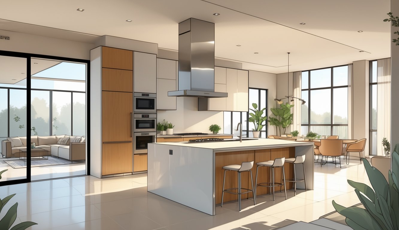 A spacious open kitchen with a large island connected to a living area with a sofa and large windows.