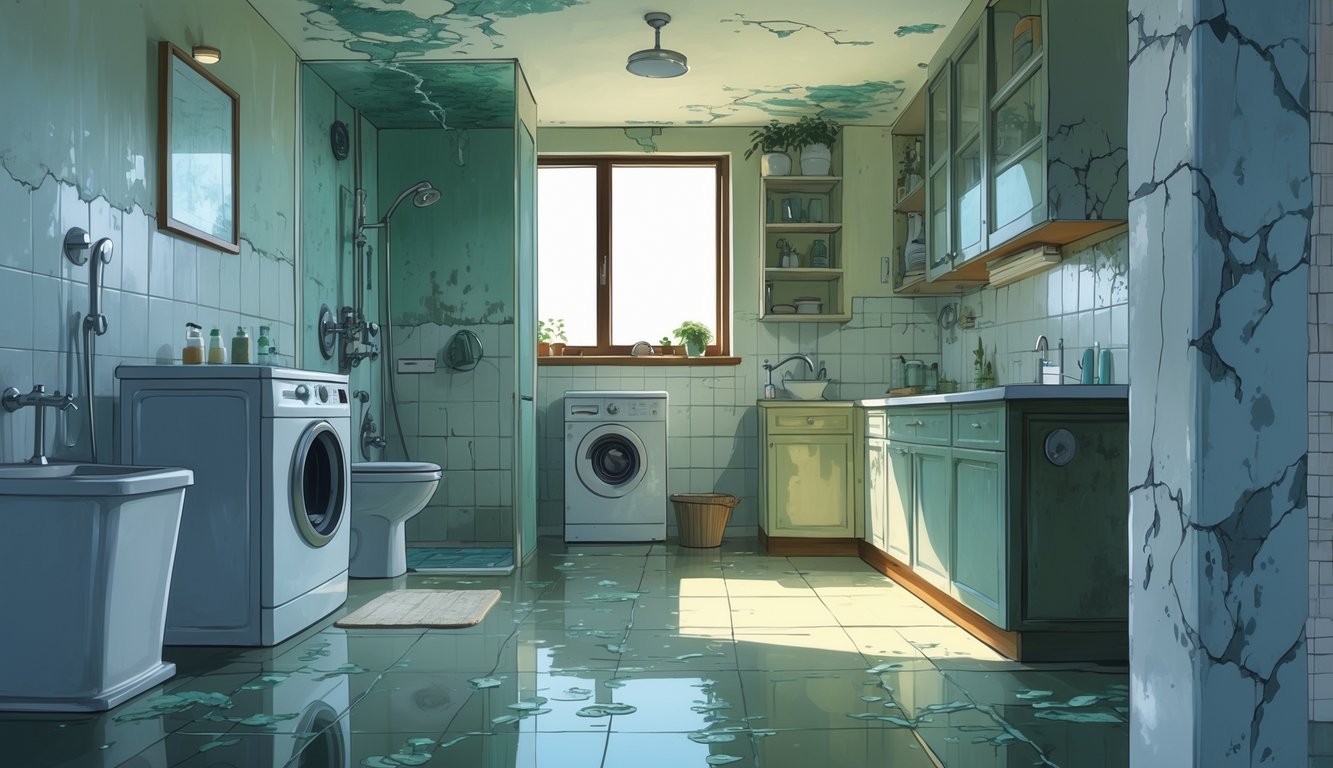 Cross-section of a home interior showing bathroom and kitchen areas with mineral deposits, rust stains, and water damage on fixtures and walls.