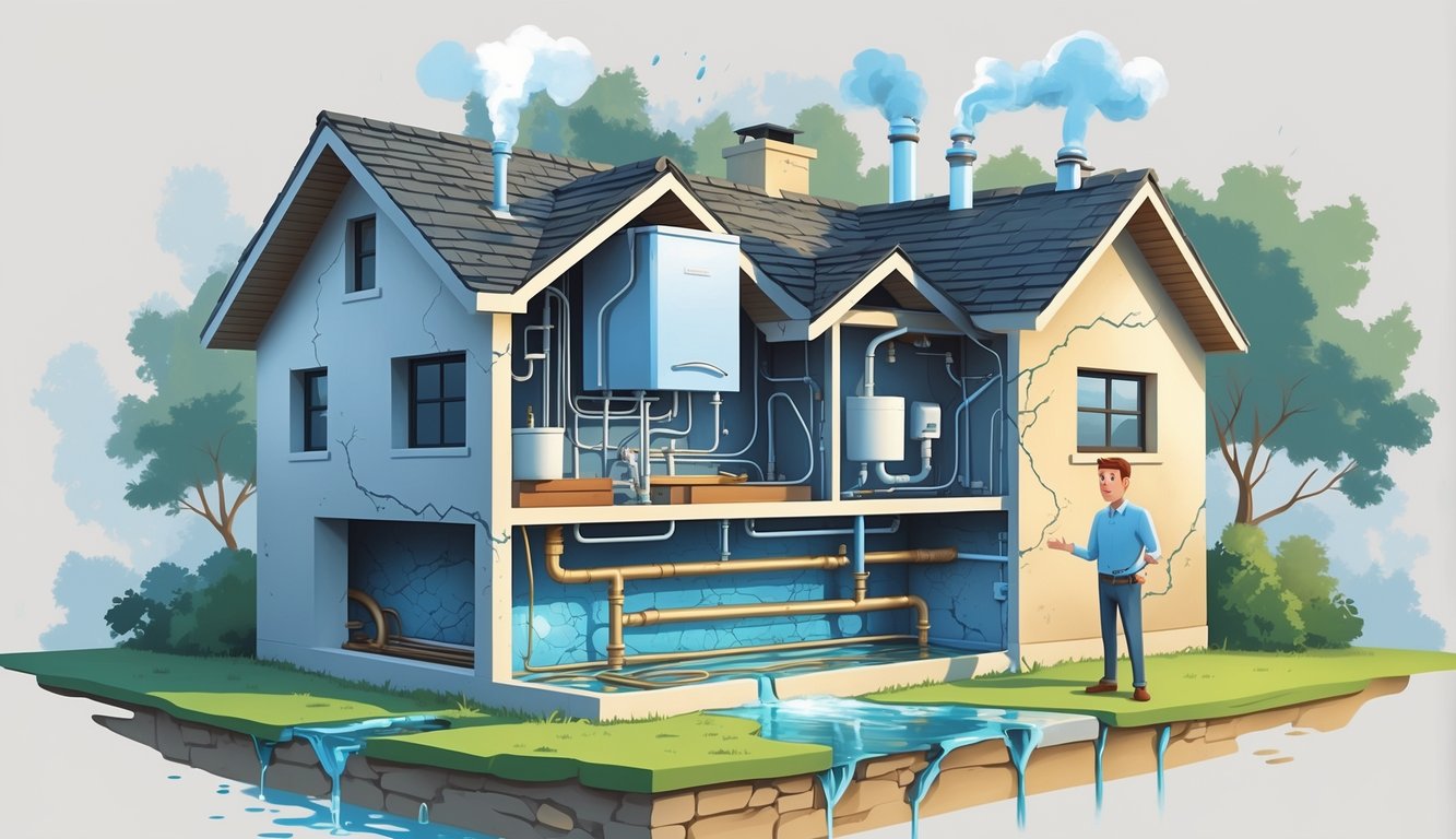 Cross-section of a house showing pipes with mineral buildup and damaged fixtures, alongside cracked foundation and stained walls, with a homeowner inspecting the damage.
