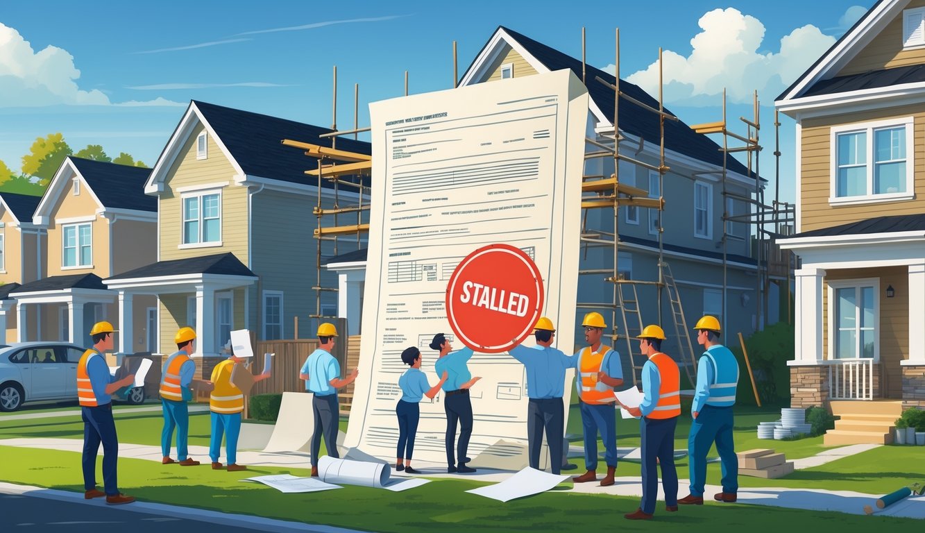 Builders reviewing documents and construction plans in a neighborhood with houses under renovation, showing frustration due to permit delays.