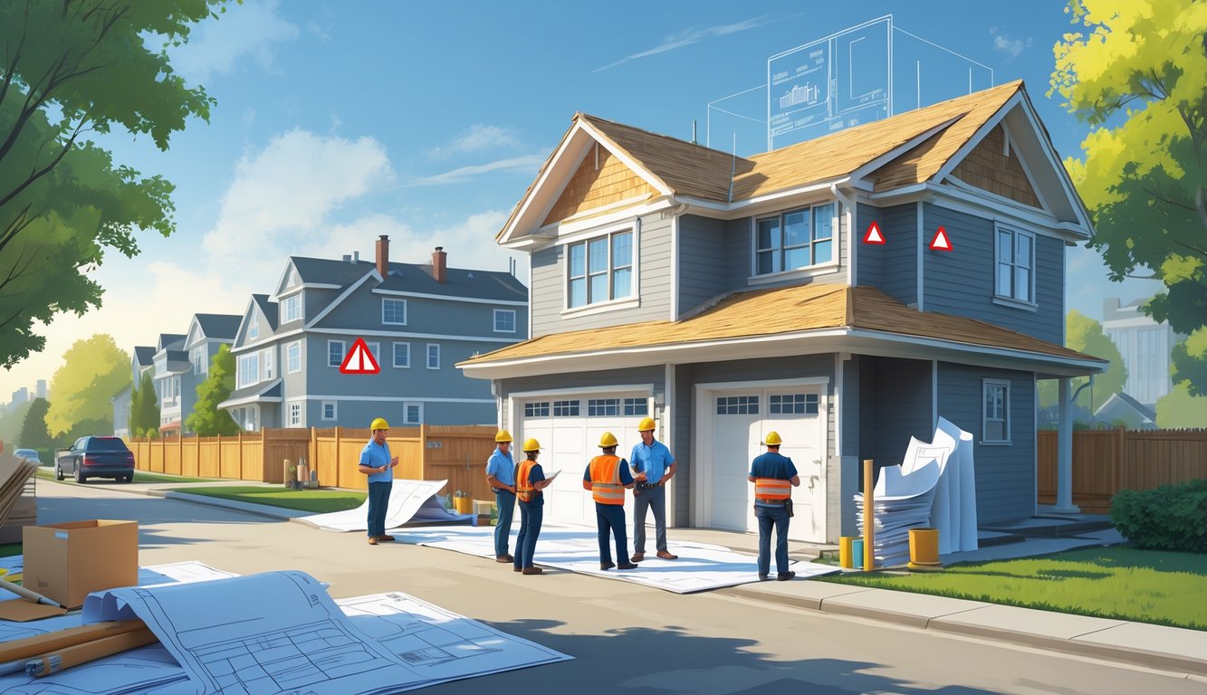 Builders reviewing plans near a partially built home addition with a city hall building in the background, showing a construction delay.