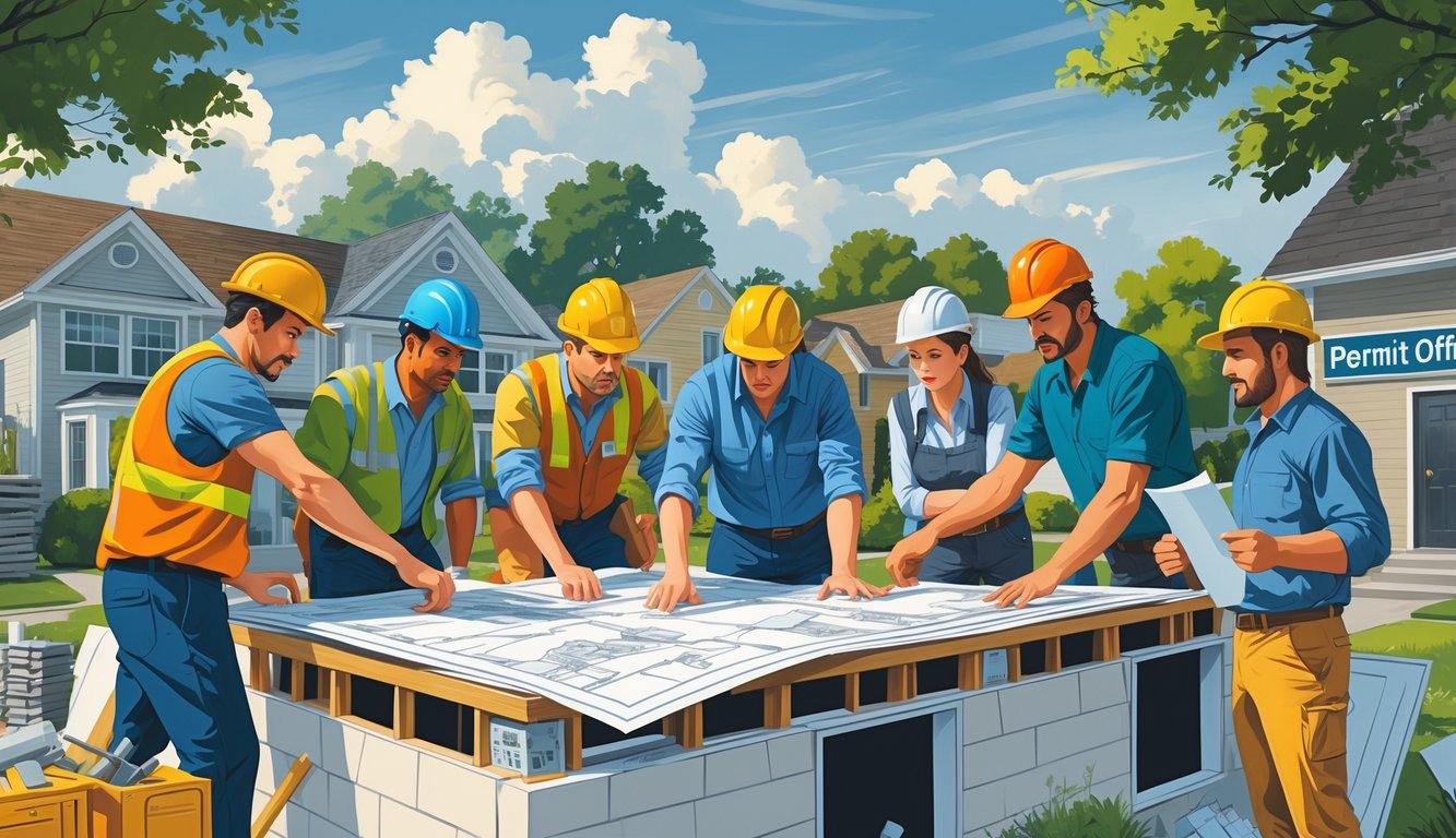 A group of contractors reviewing blueprints and permit documents at a home construction site, showing concern and frustration.