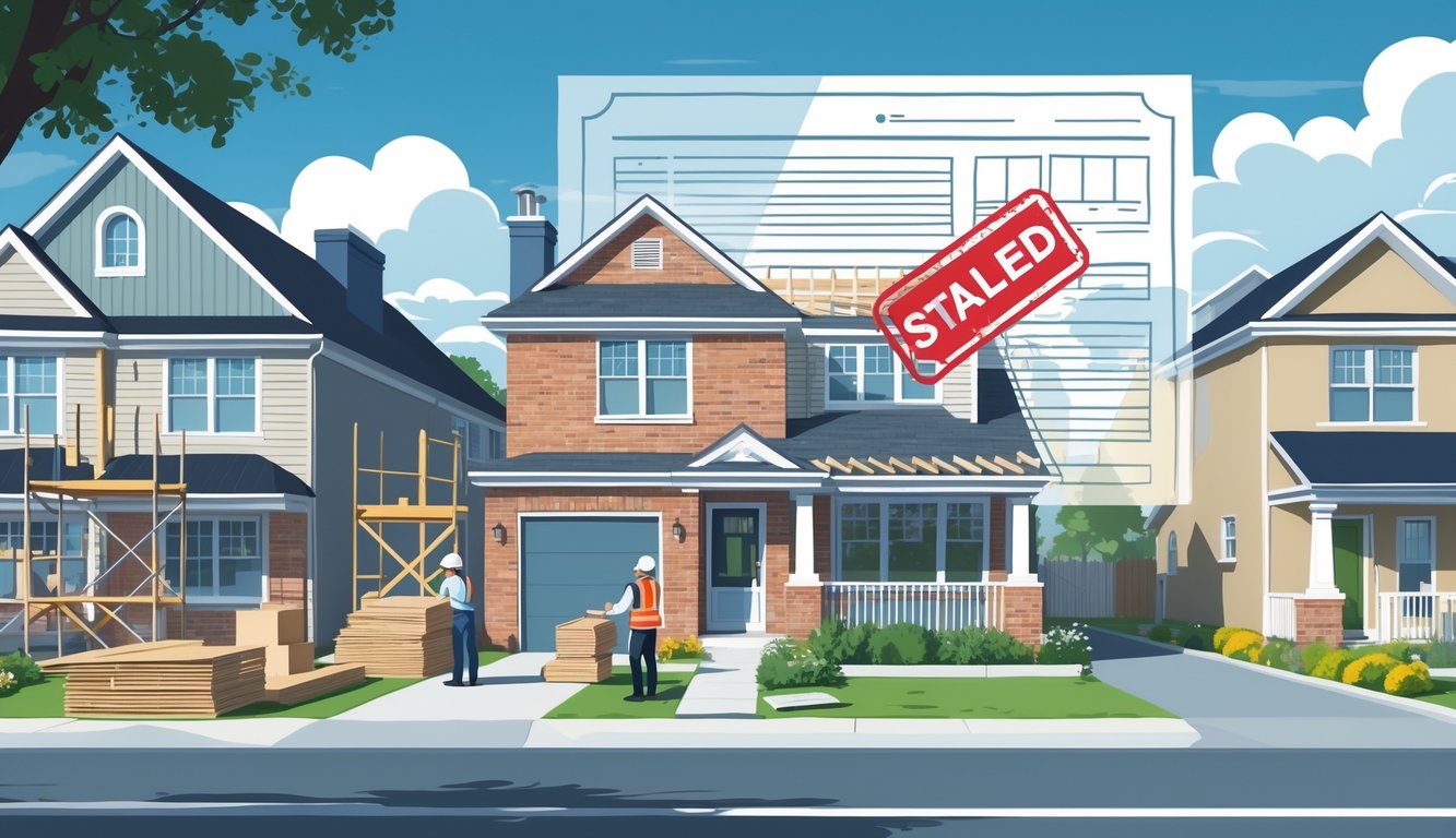 A neighborhood with houses being expanded, construction workers building an addition, and a real estate agent talking to a homeowner, with a faded permit document symbolizing stalled approvals.
