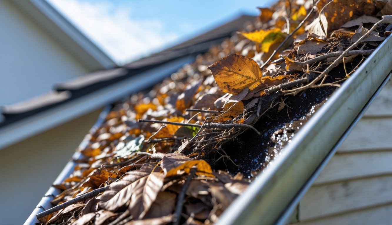 Close-up of a house gutter clogged with leaves and debris, showing potential for water damage.