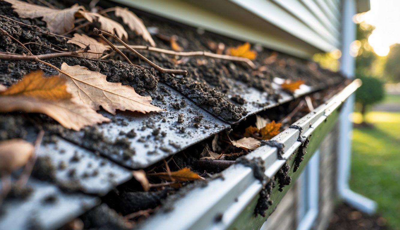 Close-up of a house gutter clogged with leaves and debris, showing mold and mildew growth on the gutter surface.