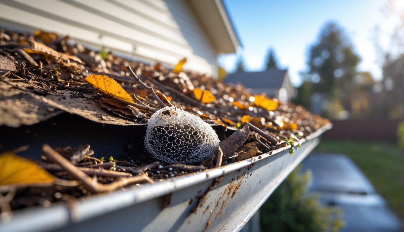 Close-up of a residential gutter filled with leaves and debris, showing insects and a wasp nest attached, with a house exterior in the background.