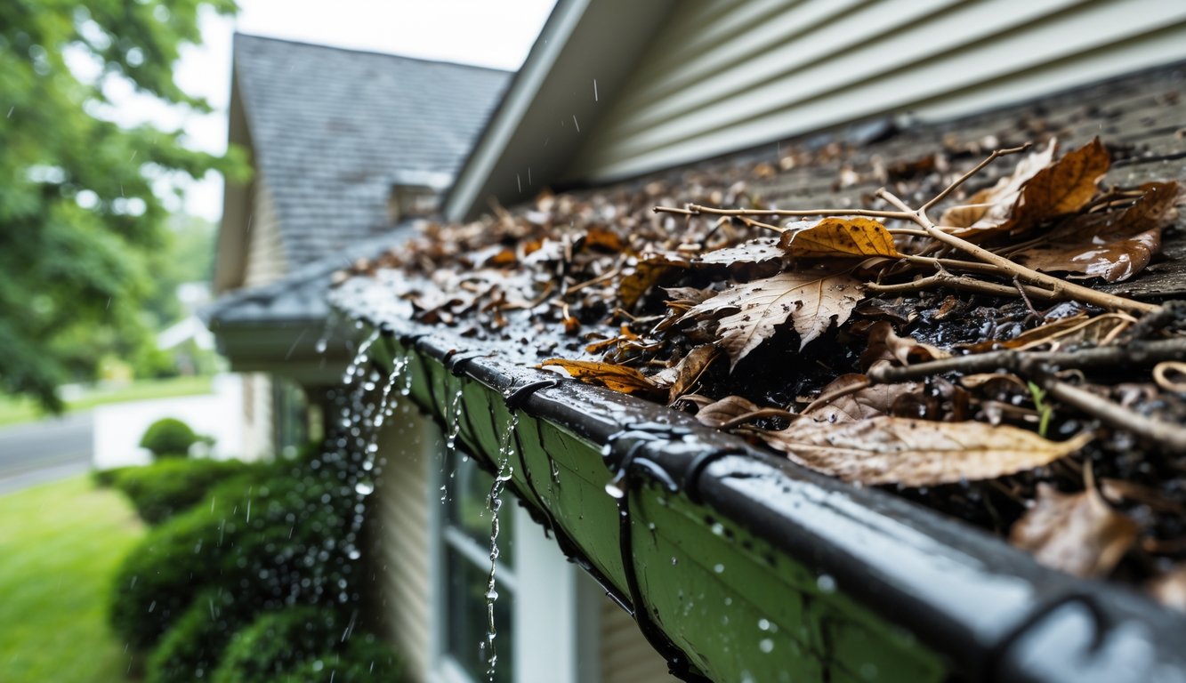 Close-up of a house gutter clogged with wet leaves and debris, with water overflowing during rain.