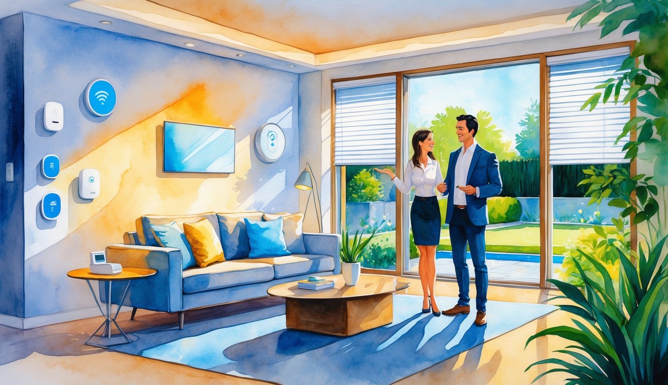 A realtor showing a buyer a modern home interior equipped with smart home devices like smart lights, thermostat, voice assistant, and automated blinds.