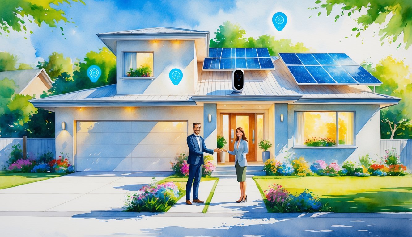 A modern home with smart devices, a real estate agent handing keys to a smiling couple outside surrounded by greenery.