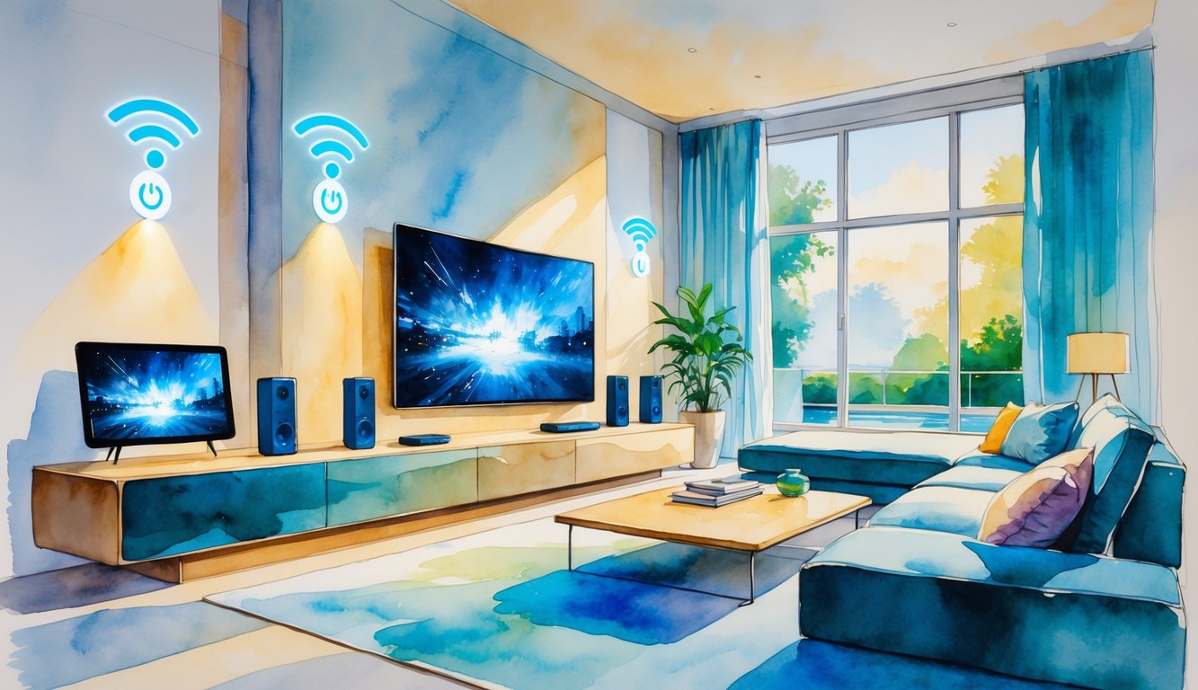 A modern living room and kitchen area with a large TV, speakers, smart home devices, and large windows letting in natural light.