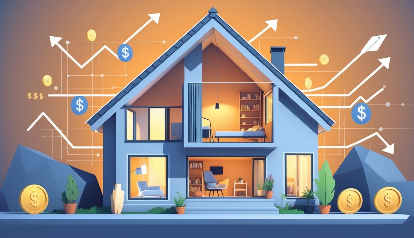 A house with a converted attic shown as a cozy room, surrounded by symbols of financial growth and fast return on investment.