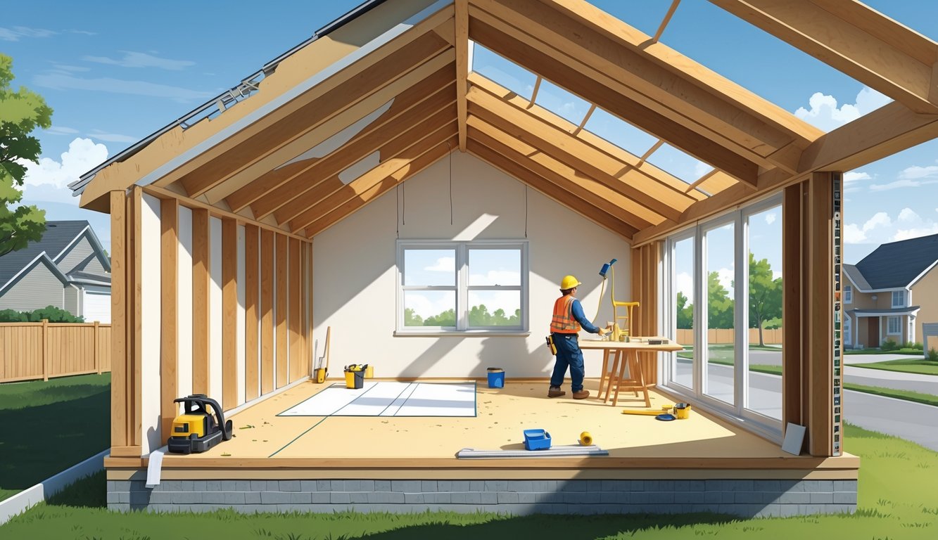 Cross-sectional view of a house showing an attic being converted into a bright, livable room with construction tools and a worker installing a window.