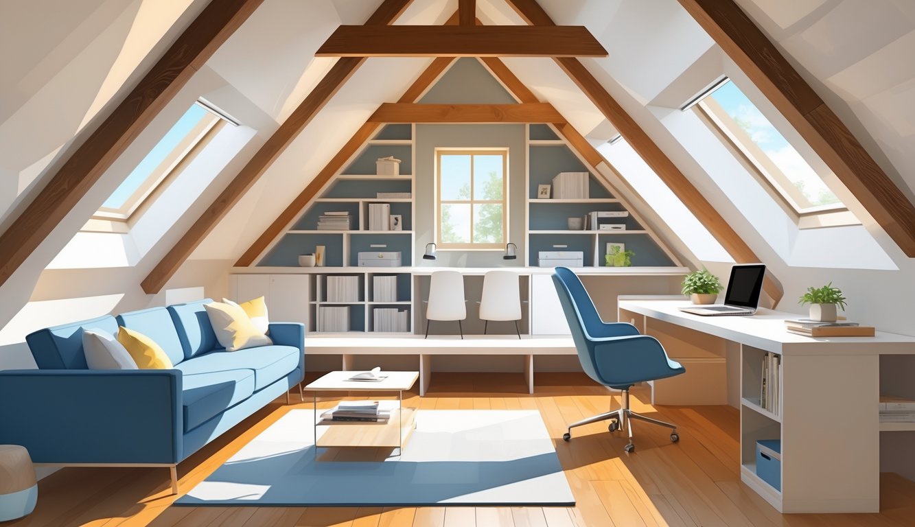 A bright and spacious attic room converted into a cozy living and workspace with sloped ceilings, skylights, seating, desk, and built-in storage.
