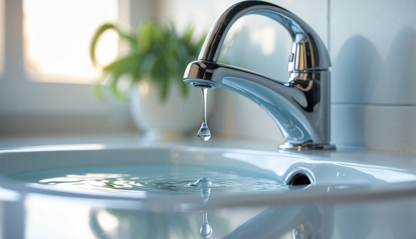 Close-up of a chrome faucet dripping water into a white sink.