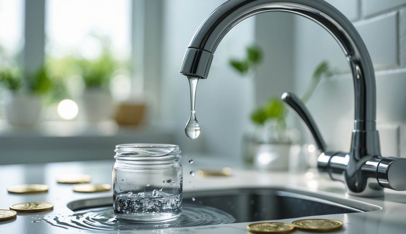 Close-up of a faucet dripping water into a glass jar with coins and bills on the countertop nearby.