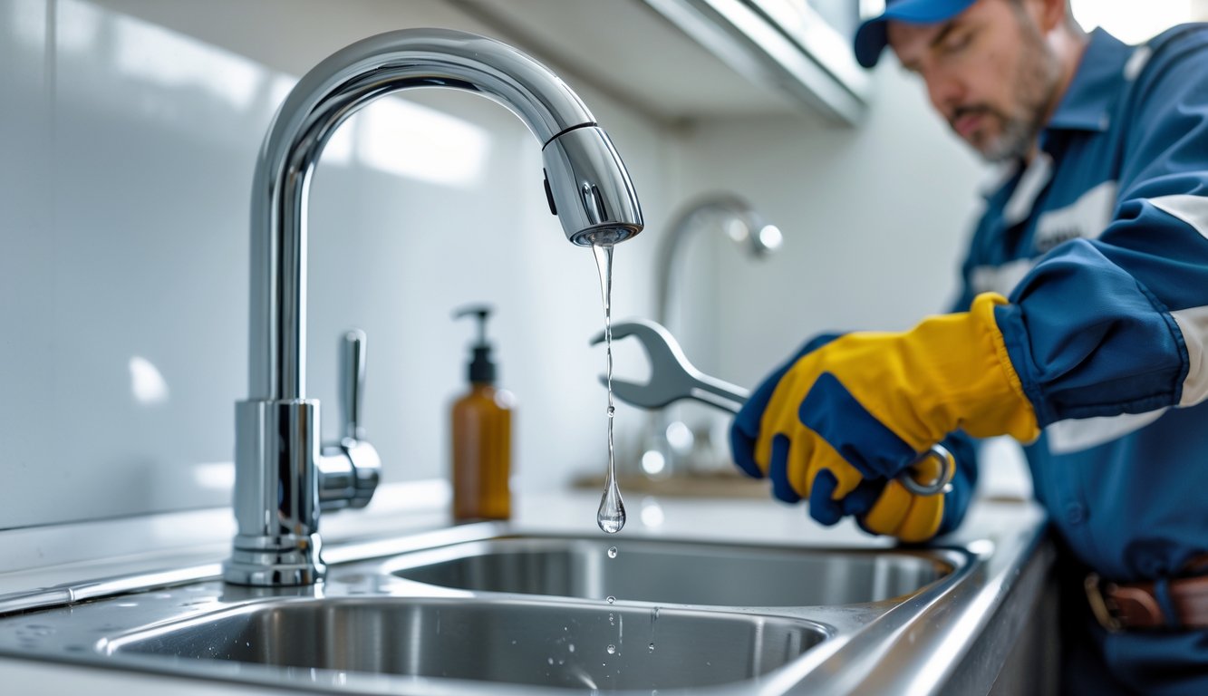 A plumber tightening a leaking kitchen faucet with a water droplet hanging from the spout over a clean sink.