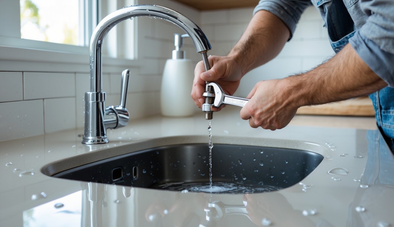 Person fixing a leaky faucet in a kitchen sink using a wrench with water droplets visible around the faucet.